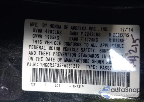 2015 Honda Accord Lx из США, поврежденный, VIN 1HGCR2F35FA081212